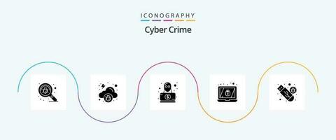 cyber misdrijf glyph 5 icoon pak inclusief opslag. drijfveer. detective. op slot doen. encryptie vector