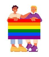 lgbt gemeenschap semi vlak kleur vector karakters. ondersteuning voor allemaal geslachten. bewerkbare vol lichaam van mensen houden lgbtq regenboog trots vlag Aan wit. gemakkelijk tekenfilm plek illustratie voor web grafisch ontwerp