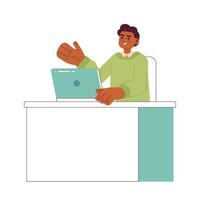gelukkig Afrikaanse Amerikaans arbeider in de buurt laptop 2d vector geïsoleerd plek illustratie. kantoor arbeider vlak karakter Aan wit achtergrond. kleurrijk bewerkbare tafereel