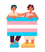 transgender mensen ondersteuning elk andere semi vlak kleur vector karakters. bewerkbare vol lichaam lgbt mensen houdt transgender vlag Aan wit. gemakkelijk tekenfilm plek illustratie voor web grafisch ontwerp