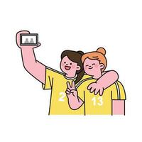 schattig sport- meisjes zijn nemen een selfie samen. schets gemakkelijk vector illustratie.