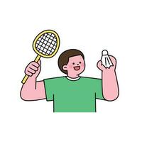 een schattig jongen is Holding een badminton racket en shuttle. schets gemakkelijk vector illustratie.