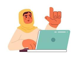 moslim vrouw in hijab Bij werk semi vlak kleur vector karakter. bewerkbare voor de helft lichaam arbeider met computer Aan wit. gemakkelijk tekenfilm plek illustratie voor web grafisch ontwerp