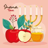 Rosj Hasjana-viering, Joods nieuwjaar, met kroonluchter, fleshoning en decoratie vector