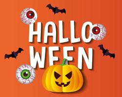 happy halloween banner, met pompoen, enge oogbollen en vleermuizen vliegen in papier gesneden stijl cut vector