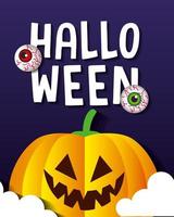 happy halloween banner, met pompoen en enge oogbollen in papier gesneden stijl cut vector