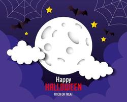 happy halloween banner, met vleermuizen vliegen, volle maan, sterren en wolken papier gesneden stijl vector