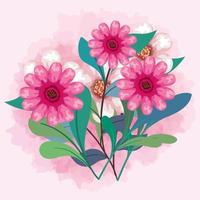 schattige bloemen kleur roze met takken en bladeren, natuurlijke decoratie vector