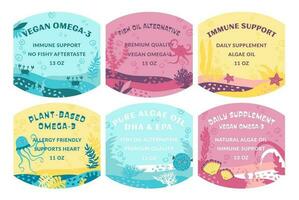 sticker ontwerp reeks voor omega-3 supplement pakket vector