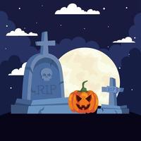 happy halloween-banner met scènebegraafplaats met pompoen in donkere nacht vector