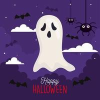 happy halloween-banner met spook, vliegende vleermuizen en hangende spinnen vector