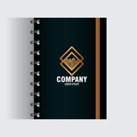 huisstijl merk mockup, notebook zwarte mockup met gouden bord vector