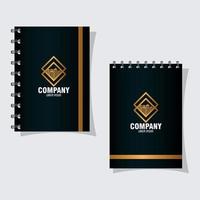 huisstijl merk mockup, notebooks zwart, mockup met gouden bord vector