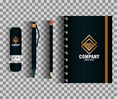 huisstijl merk mockup, set zakelijke briefpapier, zwarte mockup met gouden bord vector