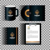 huisstijl merk mockup, set zakelijke briefpapier, zwarte mockup met gouden bord vector