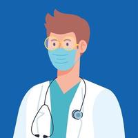 professionele arts die medisch masker draagt, schort en stethoscoop gebruikt, ziekenhuismedewerker, preventie coronavirus covid 19 vector