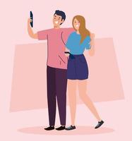 gelukkig stel neemt selfie, vrouw en man worden samen gefotografeerd vector