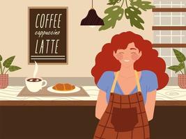 lachende vrouwelijke barista in schort met warme koffie en croissant op de balie van de coffeeshop vector