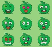 vector schattig groen appel emoticon uitdrukkingen reeks