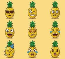 schattig en kawaii ananas emoticon uitdrukking illustratie reeks vector