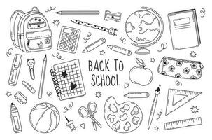 school- benodigdheden set. terug naar school. wereldbol, notitieboekje, rugzak, potloden, pen en ander. hand- getrokken tekening vector illustratie.