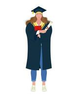 volledige lengte portret van een vrouw leerling, afstuderen in een academisch pet en japon met een diploma in haar handen. vector illustratie.