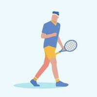 tennis speler, tekenfilm tennis speler in actie en beweging, vector illustratie
