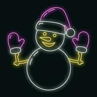 concept Kerstmis vrolijk sneeuwman in hoed icoon neon gloed stijl, gelukkig nieuw jaar en vrolijk Kerstmis vlak vector illustratie, geïsoleerd Aan zwart.