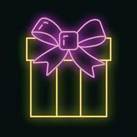 concept Kerstmis geschenk doos icoon geel neon gloed stijl, gelukkig nieuw jaar en vrolijk Kerstmis vlak vector illustratie, geïsoleerd Aan zwart.