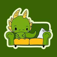 vector voorraad illustratie geïsoleerd emoji karakter tekenfilm groen draak dinosaurus aan het liegen Aan de sofa sticker emoticon voor plaats, info grafiek, video, animatie.