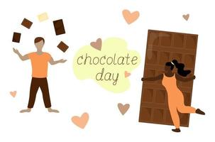 chocolade dag vakantie poster. vrouw knuffelt chocoladereep. man jongleert met de stukken. belettering op witte achtergrond. vector illustratie