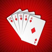 een royal flush van diamanten op rode achtergrond, winnende handen van pokerkaarten, casino speelkaarten vector