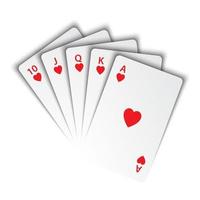 een koninklijke vloed van harten op een witte achtergrond, winnende handen van pokerkaarten, casinospeelkaarten, vector pokersymbolen