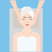 een halfnaakte vrouw met een handdoek die ligt en wordt gemasseerd in een platte schoonheidsbehandeling spa salon vectorillustratie vector