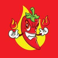 cartoon hete rode chili-personage die vuurballen op beide handen maakt vector