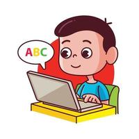 schattige kleine jongen die thuis online les studeert vector