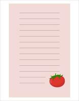 Notitie van schattig groente etiket illustratie. memo, papier. vector tekening. schrijven papier.a vel voor opname met een tomaat