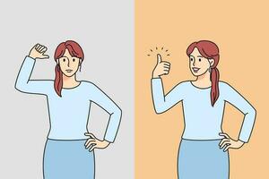 vrouw tonen duim omhoog en naar beneden voor goedkeuring of afkeuring. vrouw demonstreren Leuk vinden en afkeer voor onderhoud of Product. cliënt feedback. vector illustratie.