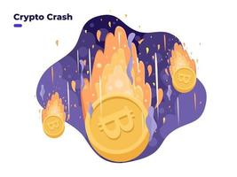 bitcoin prijs vallen illustratie. crash van de cryptocurrency-prijs. hoog risico van crypto-investeringen. cryptomunt branden. crypto beurs investeringscrisis, bearmarkt. vector