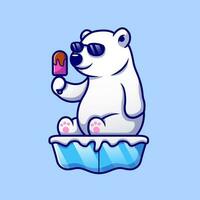 schattig koel polair beer aan het eten ijslolly Aan ijs tekenfilm vector icoon illustratie. dier voedsel icoon concept geïsoleerd premie vector. vlak tekenfilm stijl