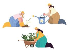 boerderij en landbouw vrouwelijke boeren met gieter, kruiwagen en planten vector