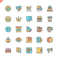Platte lijn winkelcentra, retail pictogrammen instellen voor website en mobiele site en apps. Overzicht iconen ontwerp. 48x48 Pixel Perfect. Lineair pictogrampakket. Vector illustratie.