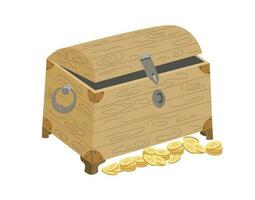 borst en munten. een houten schat borst. rijkdom, piraat goud. vector illustratie Aan wit geïsoleerd achtergrond.