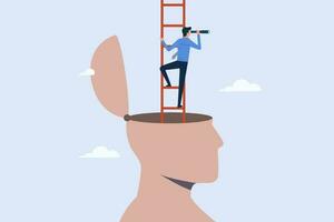 groei manier van denken concept, motivatie naar worden succes, zakenman beklimmen omhoog ladder en kijken omhoog door telescoop van hoofd symbool, persoonlijk ontwikkeling naar verbeteren vaardigheden, mentaal en potentieel voor succes vector