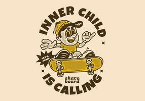 binnenste kind is roeping, mascotte karakter van een jongen Aan een skateboard vector