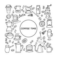 hand- getrokken koffie schetsen reeks drankjes, kopjes, hapjes, koffie gebruiksvoorwerpen. monochroom vector illustratie voor ansichtkaarten, menu's en decoraties.