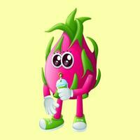 schattig draak fruit karakter drinken een groen smoothie met een rietje vector