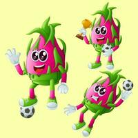 schattig draak fruit tekens spelen voetbal vector