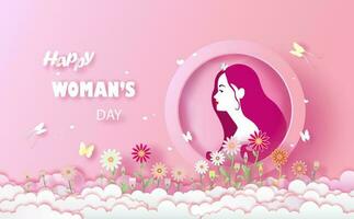 Internationale vrouwen dag 8 maart met vlinder en bloem en bladeren. vector