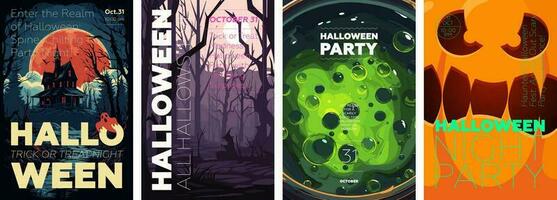 gelukkig halloween partij poster set. plakkaten met oud herenhuis, heks in Woud, giftig toverdrank en eng pompoen. kunst Hoes verschrikking nacht. oktober vakantie vooravond promotionele kunstwerk. typografie eps afdrukken vector